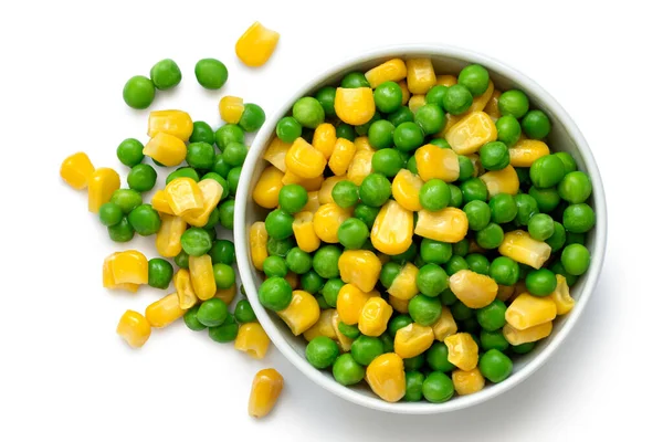 Fresh Green Garden Peas Sweetcorn Mix White Ceramic Bowl Isolated — Stock Photo, Image