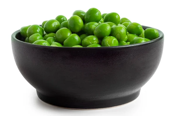 Fresh Green Garden Peas Black Ceramic Bowl Isolated White Low — Stock Photo, Image