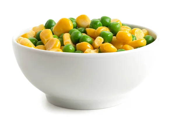 Fresh Green Garden Peas Sweetcorn Mix White Ceramic Bowl Isolated — Stock Photo, Image