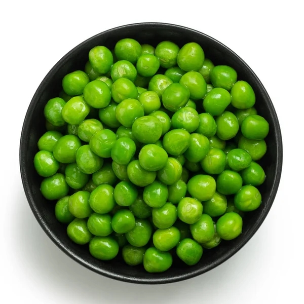 Fresh Green Garden Peas Black Ceramic Bowl Isolated White Top — Stock Photo, Image