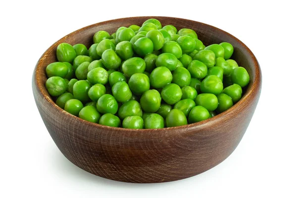 Fresh Green Garden Peas Dark Wood Bowl Isolated White — Stock Photo, Image