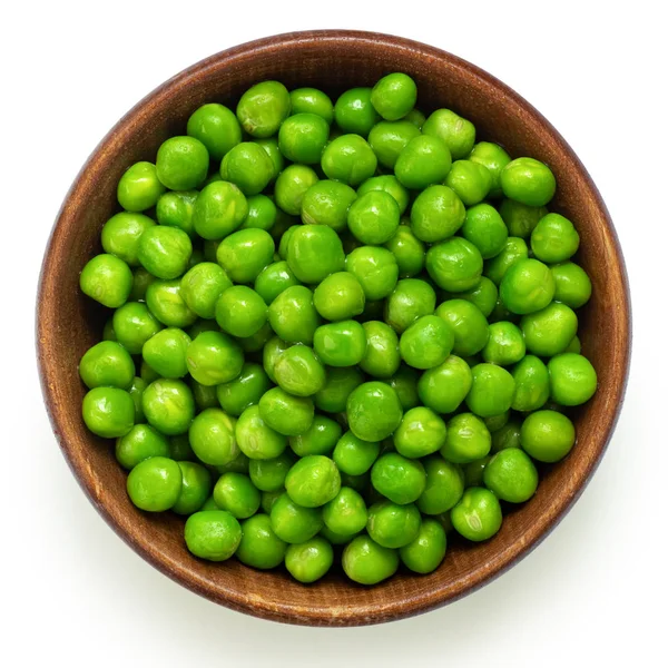 Fresh Green Garden Peas Dark Wood Bowl Isolated White Top — Stock Photo, Image