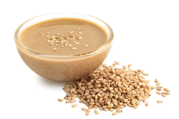 Tahini Dans Bol Verre Saupoudré Graines Sésame Côté Tas Graines — Photo