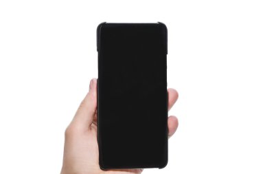 Boş ekranlı, beyaz arka planda izole edilmiş cep telefonu. Mobil uygulama reklamı için alanı kopyala