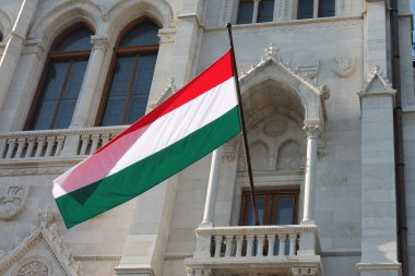 Macaristan 'ın mimarisi. Budapeşte Parlamentosu 'nda öğleden sonra. Hungary bayrağı