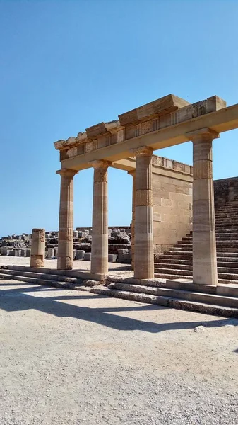 Antique ruins. Greek temple. Acropolis of Lindos. Rhodes Island.