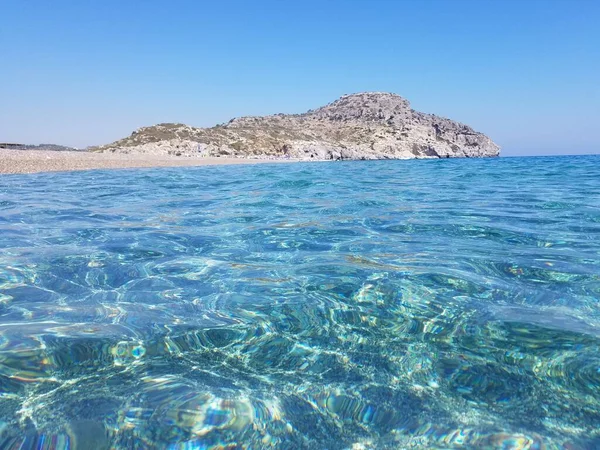 Der Azurblaue Strand Der Insel Rhodos Griechenland Mittelmeer Kristallklares Wasser — Stockfoto