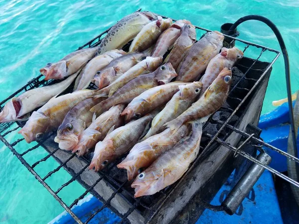 Pescado Parrilla Sobre Fondo Mar Azul Pescado Fresco Del Mediterráneo —  Fotos de Stock