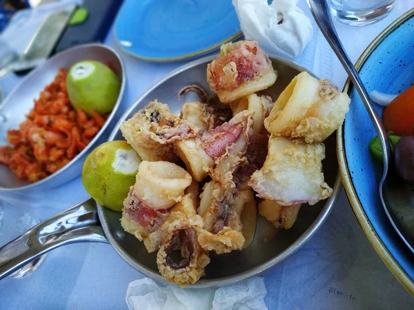 Lezzetli. Ahtapot ve meze tabağı. Deniz ürünleri. Yunan geleneksel mutfağı. Yunan gastronomisi. Hellas 'ın mutfağı. Rhodes adasının kıyısında öğle yemeği. Lezzetli ahtapot..