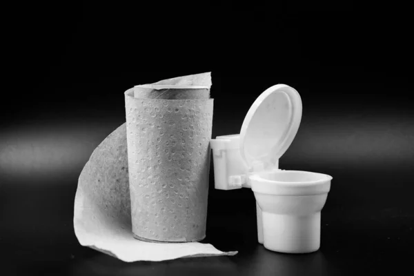Liten Leksak Plast Toalett Skål Och Rulle Billigt Toalettpapper Svart — Stockfoto