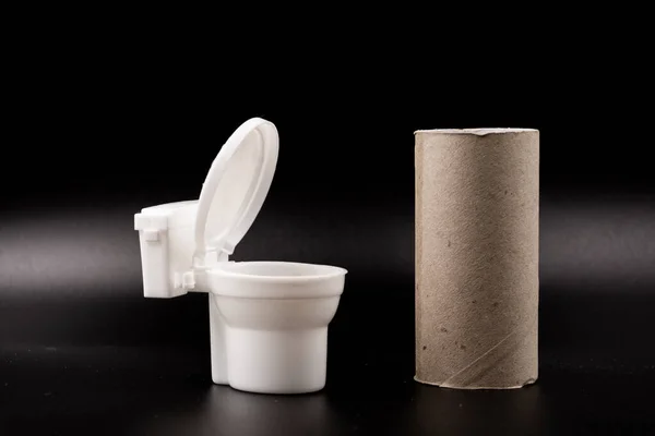 Malé Hračky Plastové Záchodové Mísy Role Levného Toaletního Papíru Černém — Stock fotografie