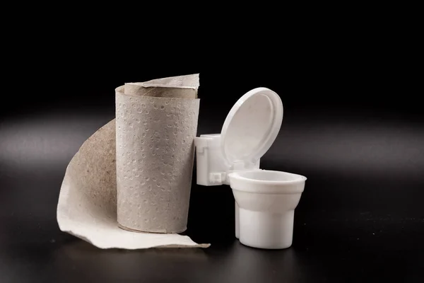 Pequeno Vaso Sanitário Plástico Brinquedo Rolo Papel Higiênico Barato Fundo — Fotografia de Stock