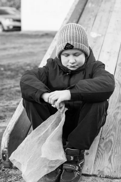 Boy Black Jacket Bag Alone Playground Quarantined — Stock Photo, Image