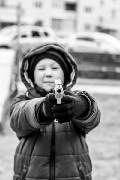 Boy Alone Playground Toy Gun Quarantined — Stock Photo, Image