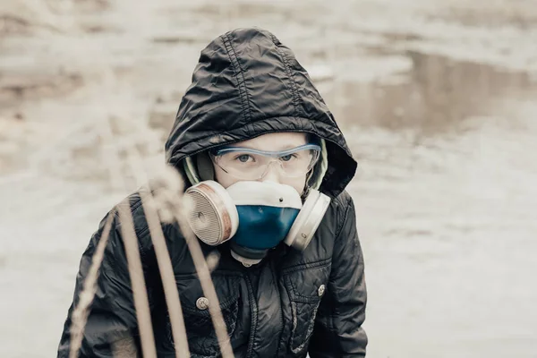 Year Old Boy Blue Hoodie Gas Mask Sits Drainpipe Quarry — Stock Photo, Image