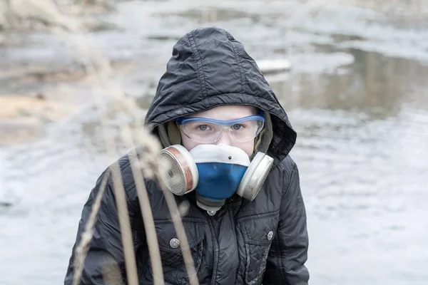 Year Old Boy Blue Hoodie Gas Mask Sits Drainpipe Quarry — Stock Photo, Image