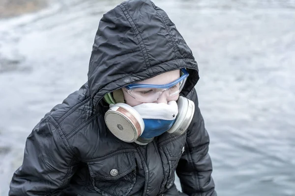 Year Old Boy Blue Hoodie Gas Mask Sits Drainpipe Quarry — Stock Photo, Image
