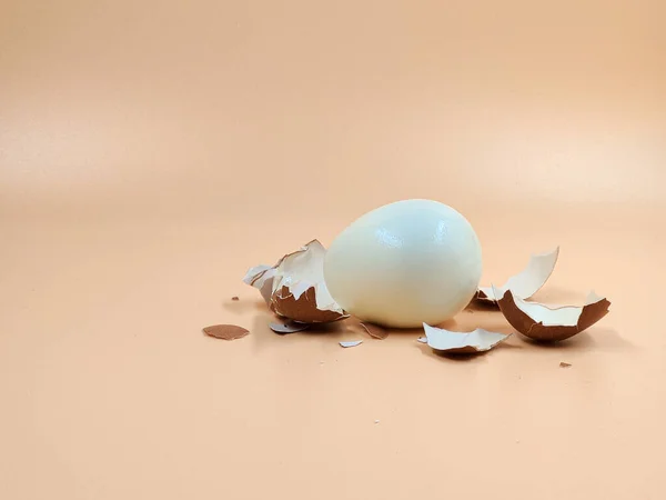 Celé vařené vejce peeling a zbytky jeho kuřecí vaječné skořápky na bílém pozadí s textovým prostorem — Stock fotografie