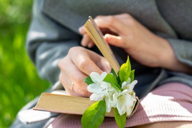 Yakın plan, gri ekoseli bir kızın elleri, kucağında elma çiçekleriyle dolu bir kitap ayracıyla yeşil çimenlik bir zemine yaslanmış bir kitap tutuyor..