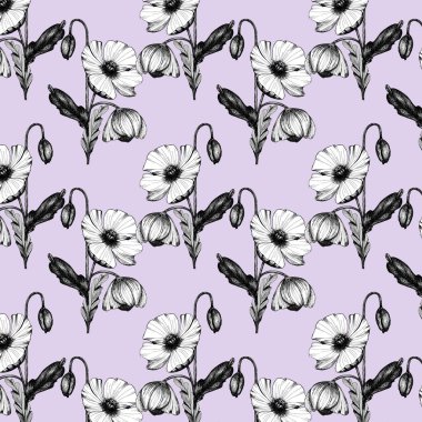 Siyah ve beyaz gelincikli lavanta arkaplanda kusursuz desen.