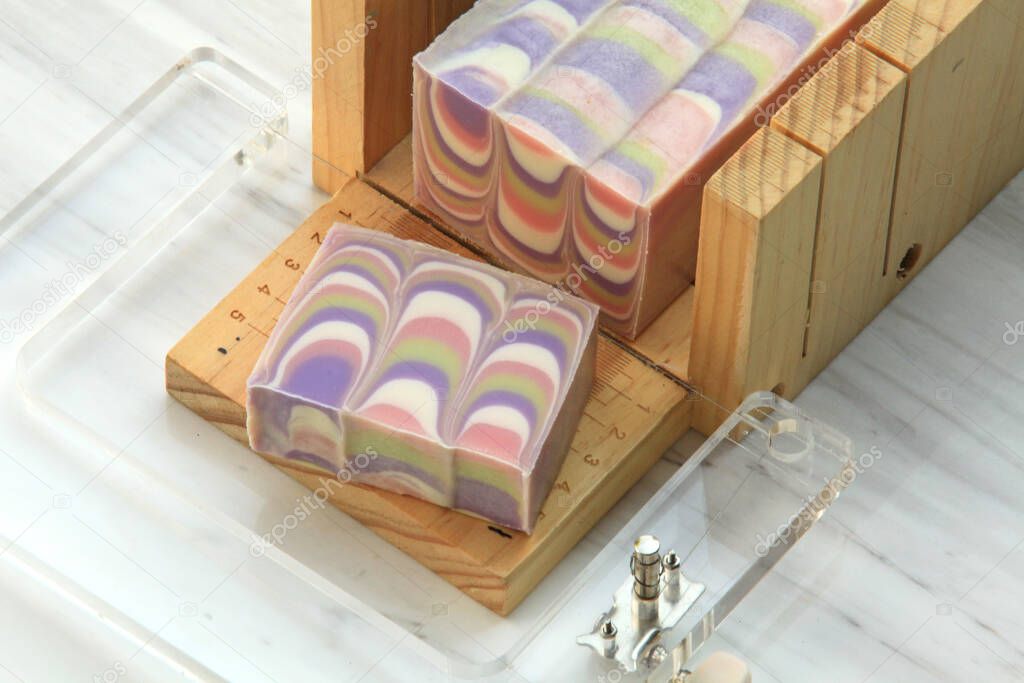 block of pretty pastel coloured soap on display