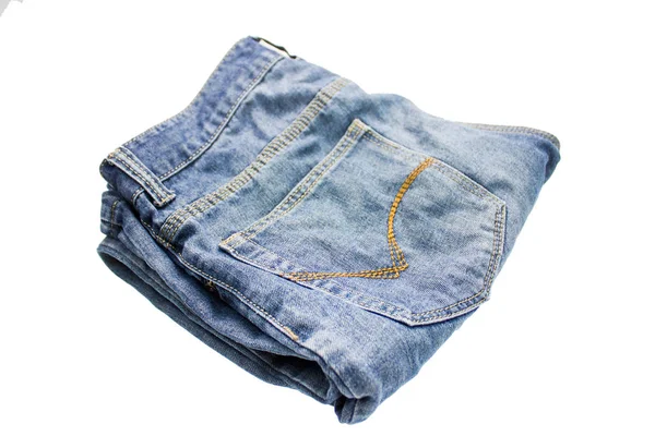 Closeup Tiro Jeans Jeans Jeans Azul Fundo Branco — Fotografia de Stock