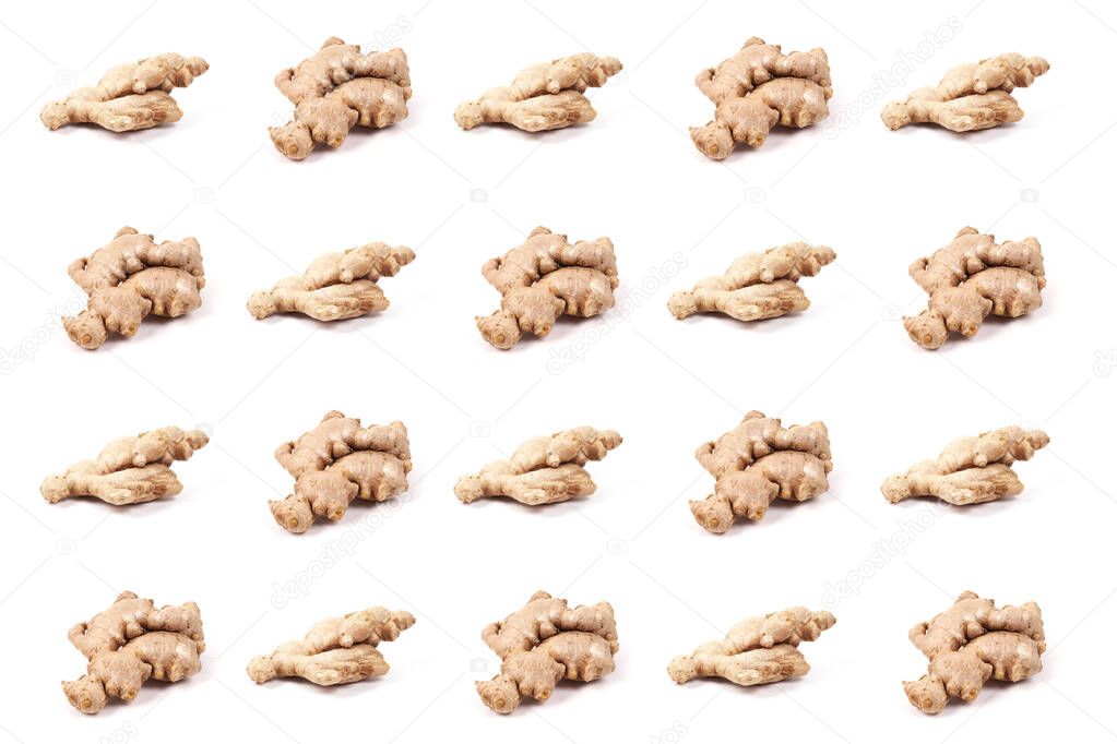 top view on ginger root pattern. Isolated on a white background. Seasoning in the kitchen.