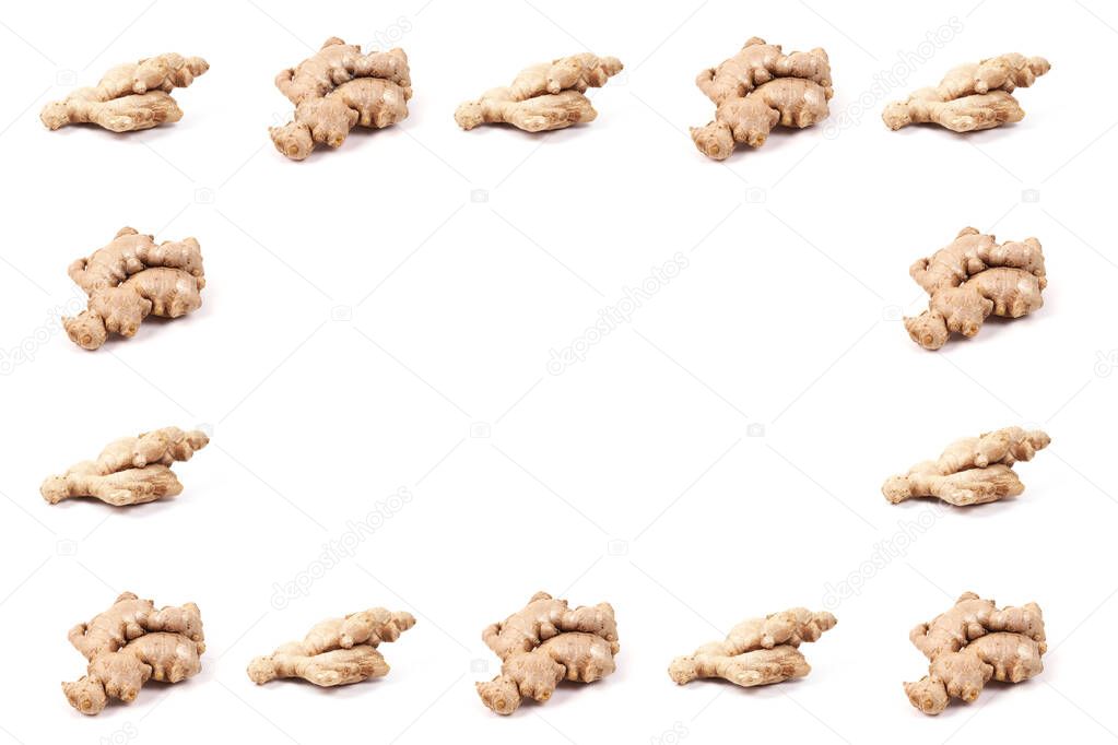 top view on ginger root pattern. Isolated on a white background. Seasoning in the kitchen.