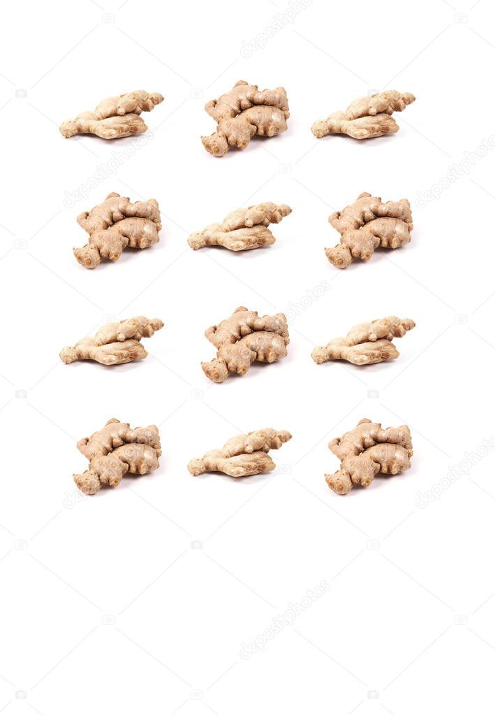 top view on ginger root pattern. Isolated on a white background. Seasoning in the kitchen.