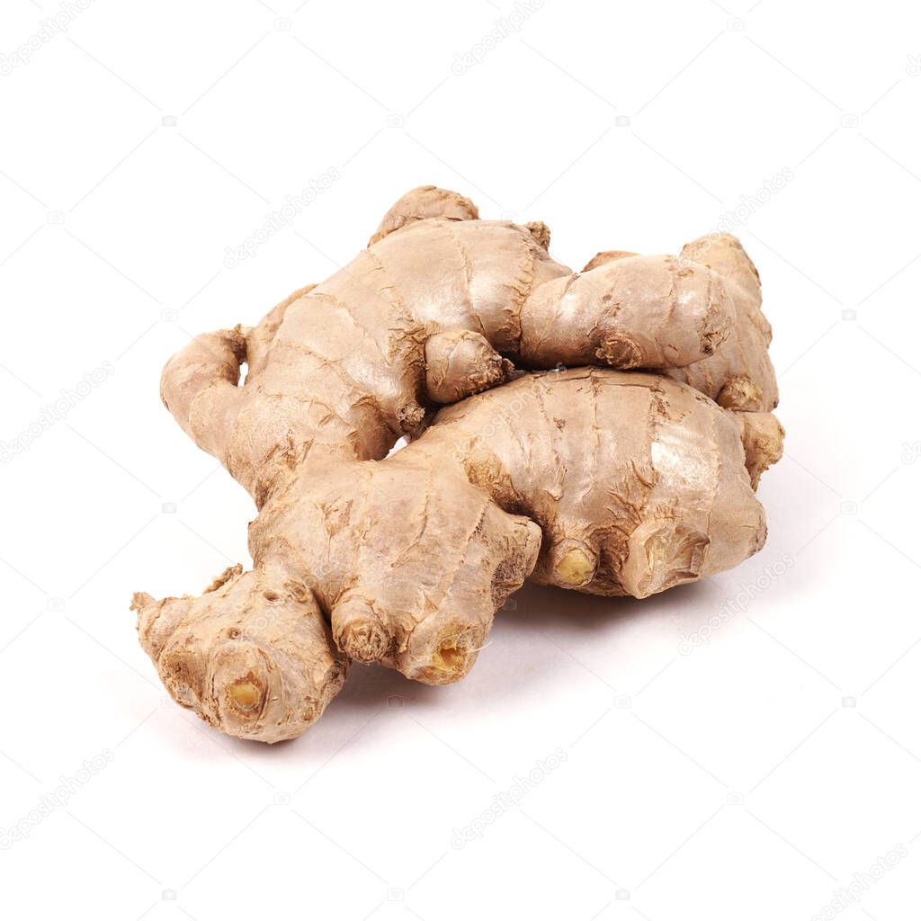 Ginger root isolated on a white background. Seasoning in the kitchen. Side view.