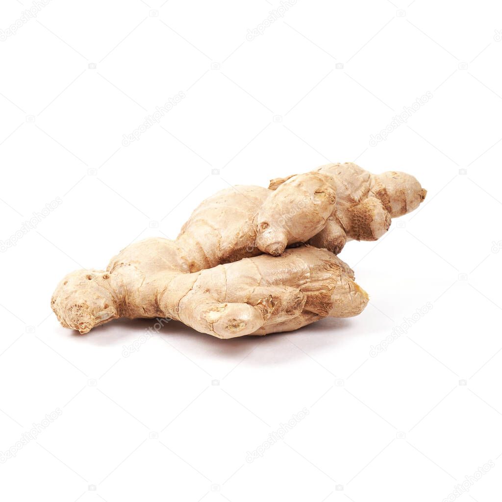 Ginger root isolated on a white background. Seasoning in the kitchen. Side view.