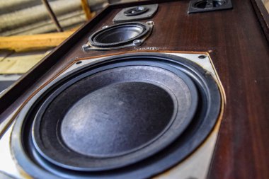 Sovyet akustiğinin dinamikleri. Hoparlörlerden ağ kaldırılmış bir akustik sütun.