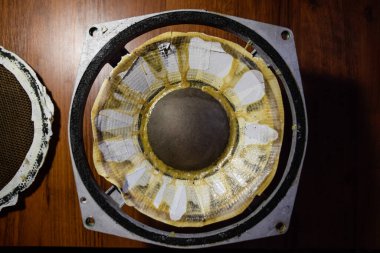 The woofer 75gdn-3 sealed with adhesive plaster. Repair and restoration of the speaker. clipart