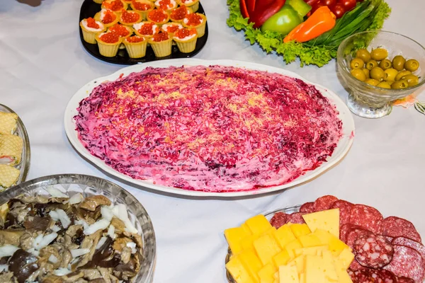 Herring Salad Fur Coat Different Dishes Table — Stock Photo, Image