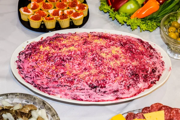 Herring Salad Fur Coat Different Dishes Table — Stock Photo, Image