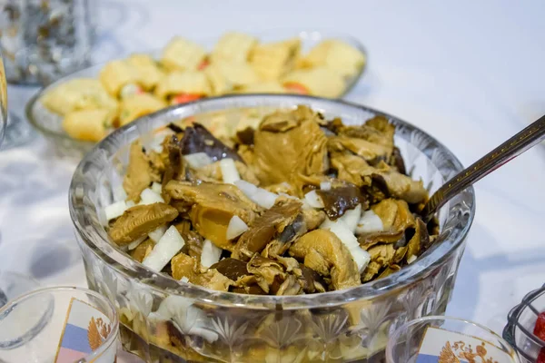 Marinated Mushrooms Onions Crystal Cup — Stock Photo, Image