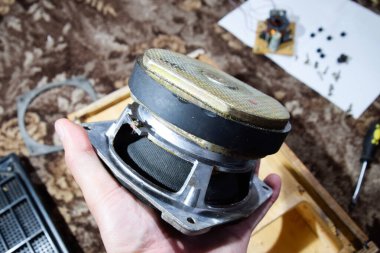 Hoparlörü ayrıştırıyorum. Hoparlörü ayrıştırıyorum. Hoparlörlerin 15 Gdn revizyonu. Hoparlör 15AS-208. Klasik Sovyet kitap rafı akustiği.