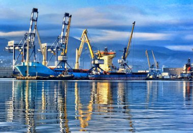 Novorossiysk limanındaki vinçler. Sanayi limanı manzarası.
