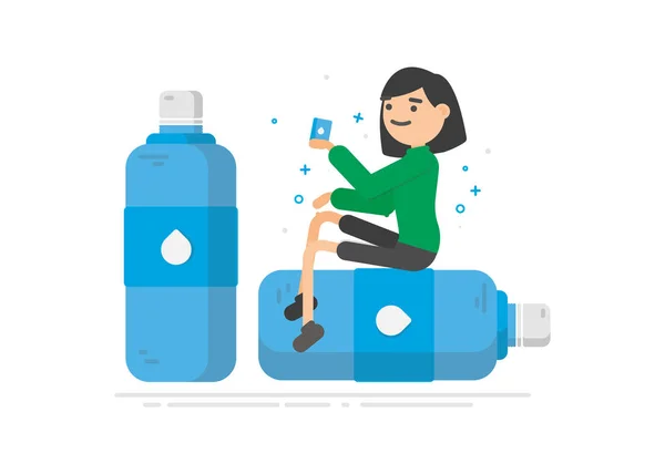 Junge Frau trinkt Wasser aus einer Plastikflasche. — Stockvektor