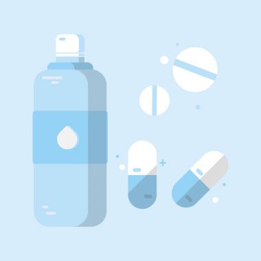 Çeşitli hap ve kapsül ile su şişesi. Vektör çizim düz tasarımı. 