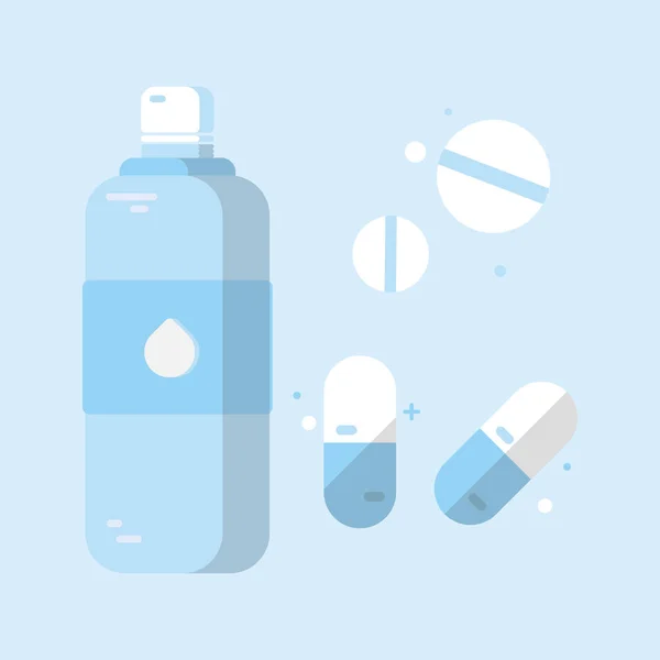 Botella de agua con varias píldoras y capsules.Vector ilustración diseño plano . — Vector de stock