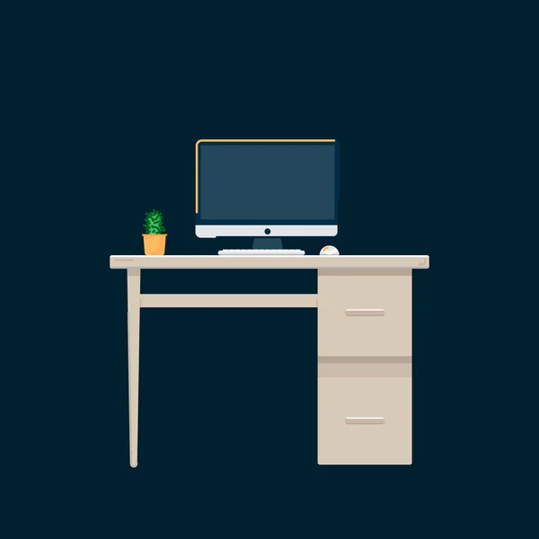 Lugar de trabajo. Ordenador de sobremesa, ordenador, accesorios de escritorio, teclado, cactus de ratón y urna . — Vector de stock