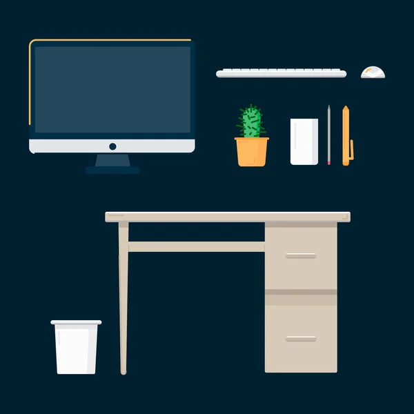 Werkplek instellen. Desktop, computer, Bureau accessoires, toetsenbord, muis cactus en urn. — Stockvector