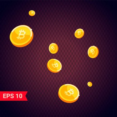 Altın bitcoin altın sikkeler, altın yağmur uçan düşen 3d gerçekçi, düşen para, sikke.