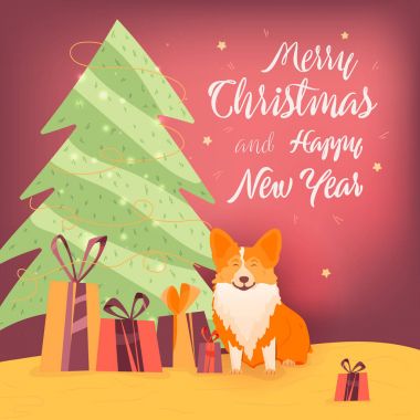 Noel ağacı, köpek ve hediyeler ile yılbaşı banner. Happy Christmas ve yeni yıl. Kırmızı köpek hediyeler 2018 sembolü ile.