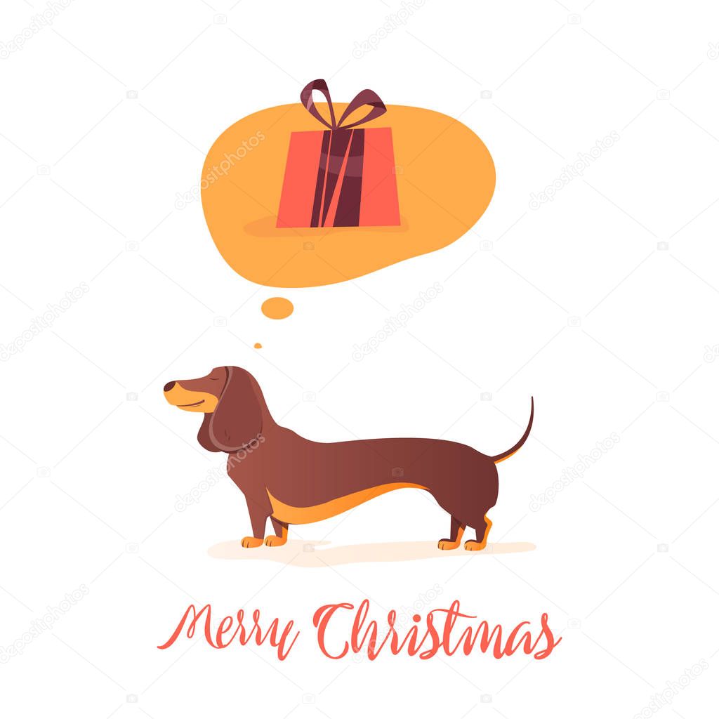 Dog thinks about gift Illustration for the holidays. Happy  Red dog with gifts of the symbol of 2018.