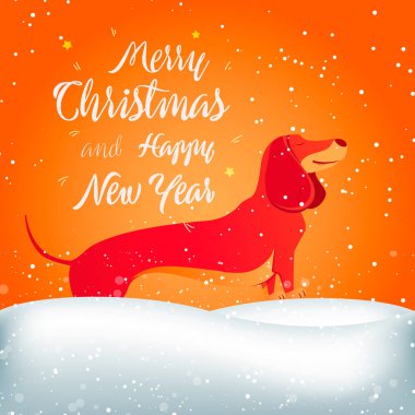 Yılbaşı oyuncak ile mutlu köpek. Tebrikler neşeli Noel ile. Noel kartı. Vektör çizim