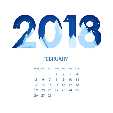 Takvim 2018 yıl. February.Origami dağlar. Tarzı kağıt kesme.