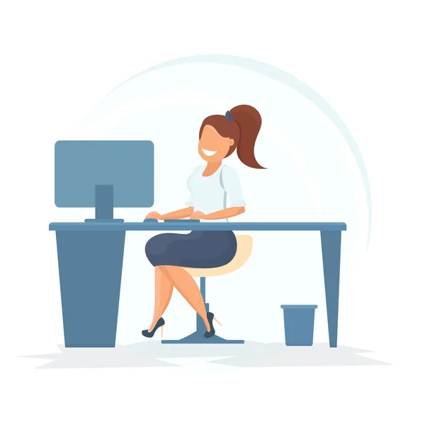 Concept of the coworking center. Business woman or a clerk working at her office desk. — Stock Vector