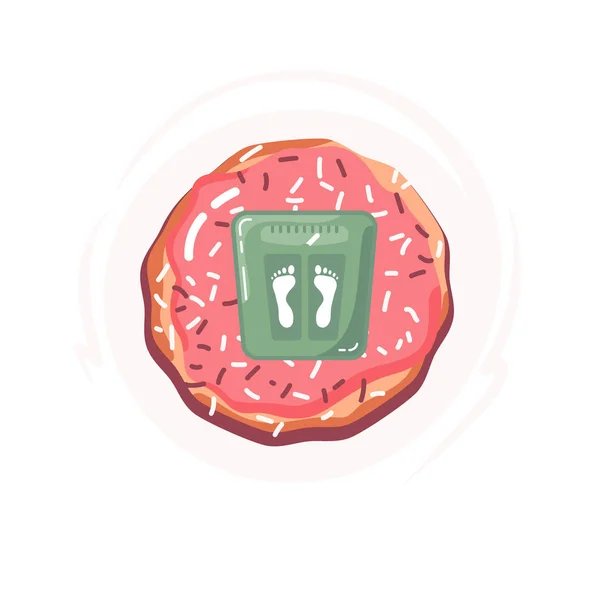 Donut e o peso de uma pessoa. Junk food Conceito de estilo de vida saudável, controle do peso corporal, dieta e fitness . — Vetor de Stock